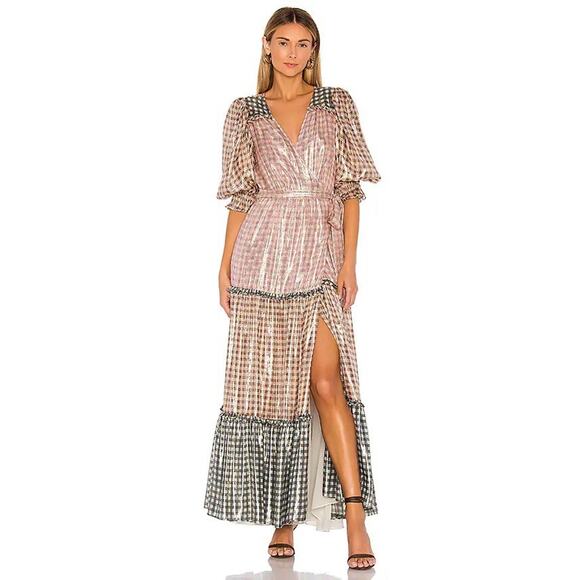 LoveShackFancy Maxi Dress Women’s Medium Wrap Tiered Metallic Gingham - Picture 2 of 16